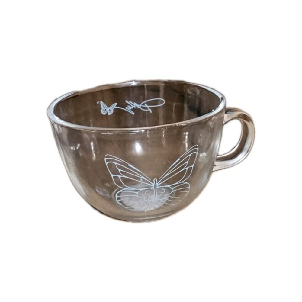 New 13.5 Oz‎ Dolly Parton Clear Glass Blue Butterfly Coffee Cup Rare #864